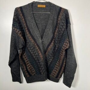 Vintage Porto Cruz Charcoal Geometric Wool‎ Blend Cardigan Grandpa Sweater Large